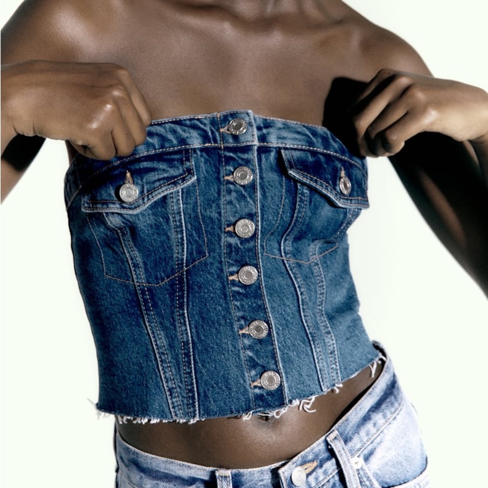 ZARA denim corset tube button down strapless jean top